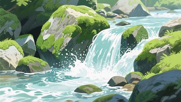 山间溪流插画风景250