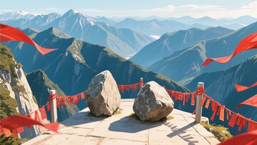 山间平台上的巨石与飘扬红绸132