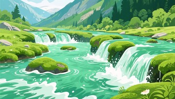 山间溪流插画风景图035