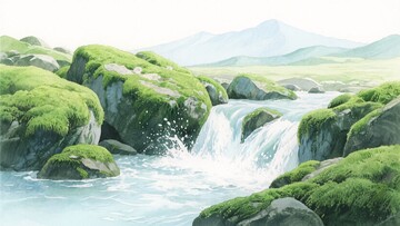 山间溪流与覆绿岩石风景604