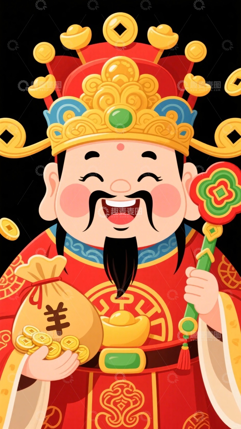 高清大图下载【趣麦麦图】手持如意的财神插画形象248