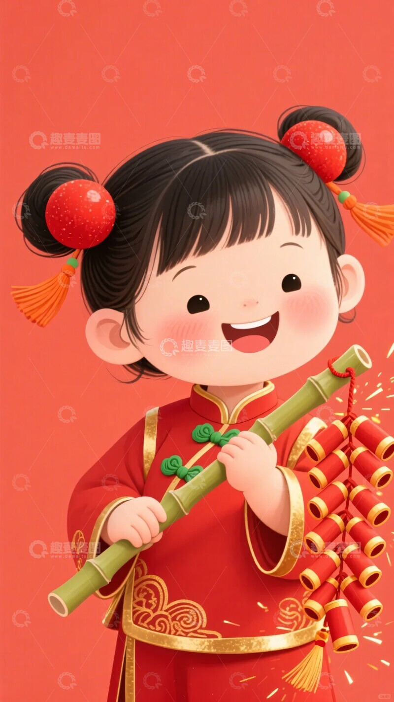 高清大图下载【趣麦麦图】手持鞭炮的红衣可爱小女孩453