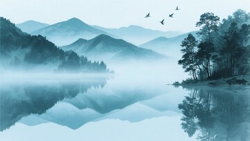 山水湖畔飞鸟图084