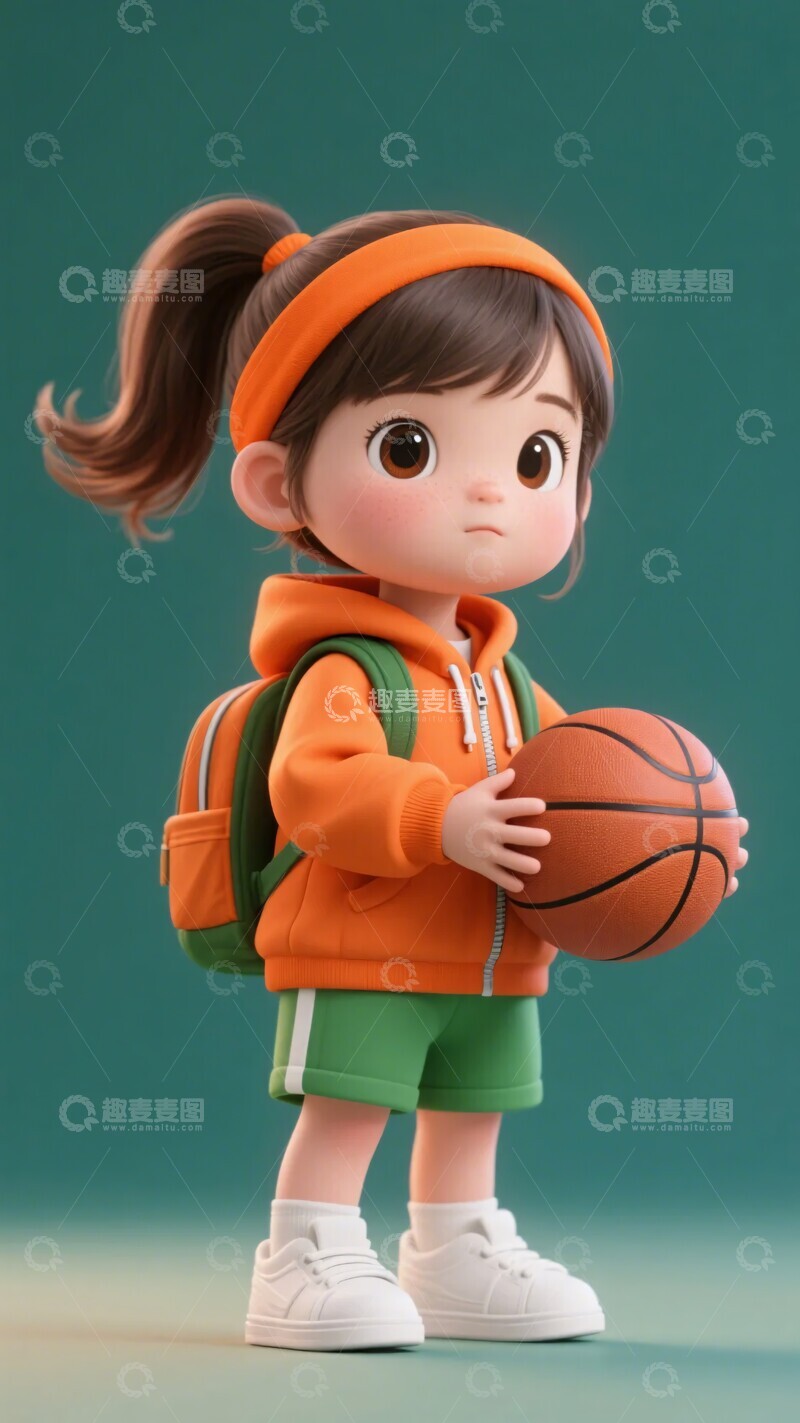 高清大图下载【趣麦麦图】-背着书包的卡通篮球小女孩854