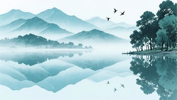 山水湖泊飞鸟风景图882