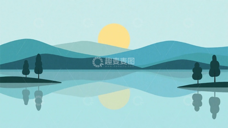 高清大图下载【趣麦麦图】-湖光山色夕阳风景插画870