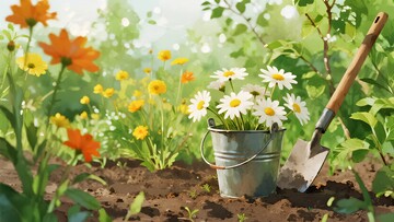 花园中桶里盛放的白色雏菊761