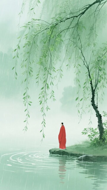 红衣人立于柳下湖水畔354