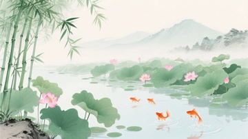 水墨风荷塘金鱼与翠竹景致023