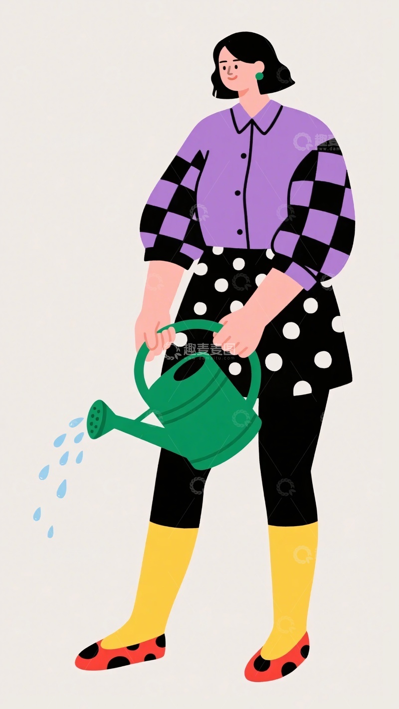 高清大图下载【趣麦麦图】-手持喷壶浇花的女性插画463