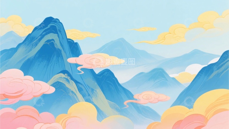 高清大图下载【趣麦麦图】-梦幻风格山峦云朵插画122
