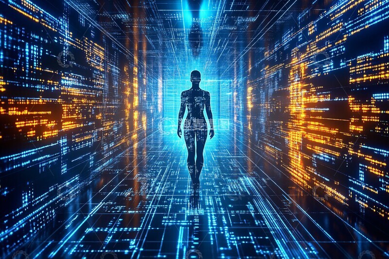 高清大图下载【趣麦麦图】-科技感的人形在数据通道中行走168