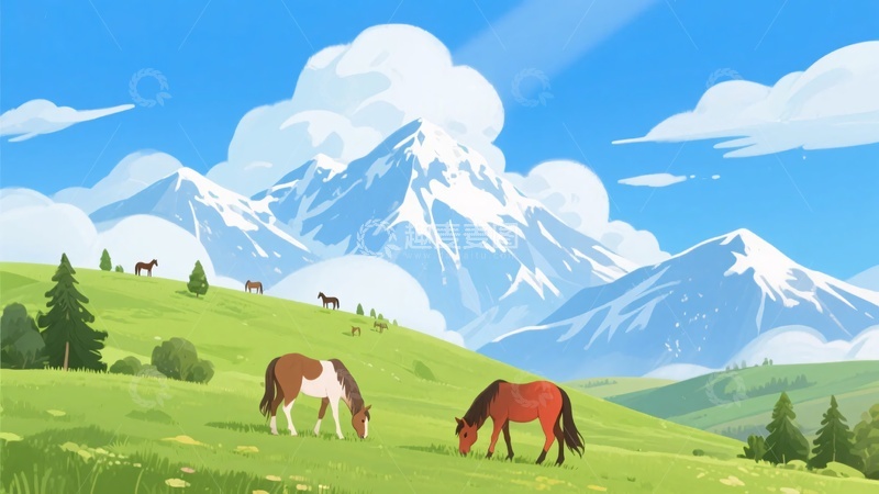 高清大图下载【趣麦麦图】草原上的马匹与雪山风景168