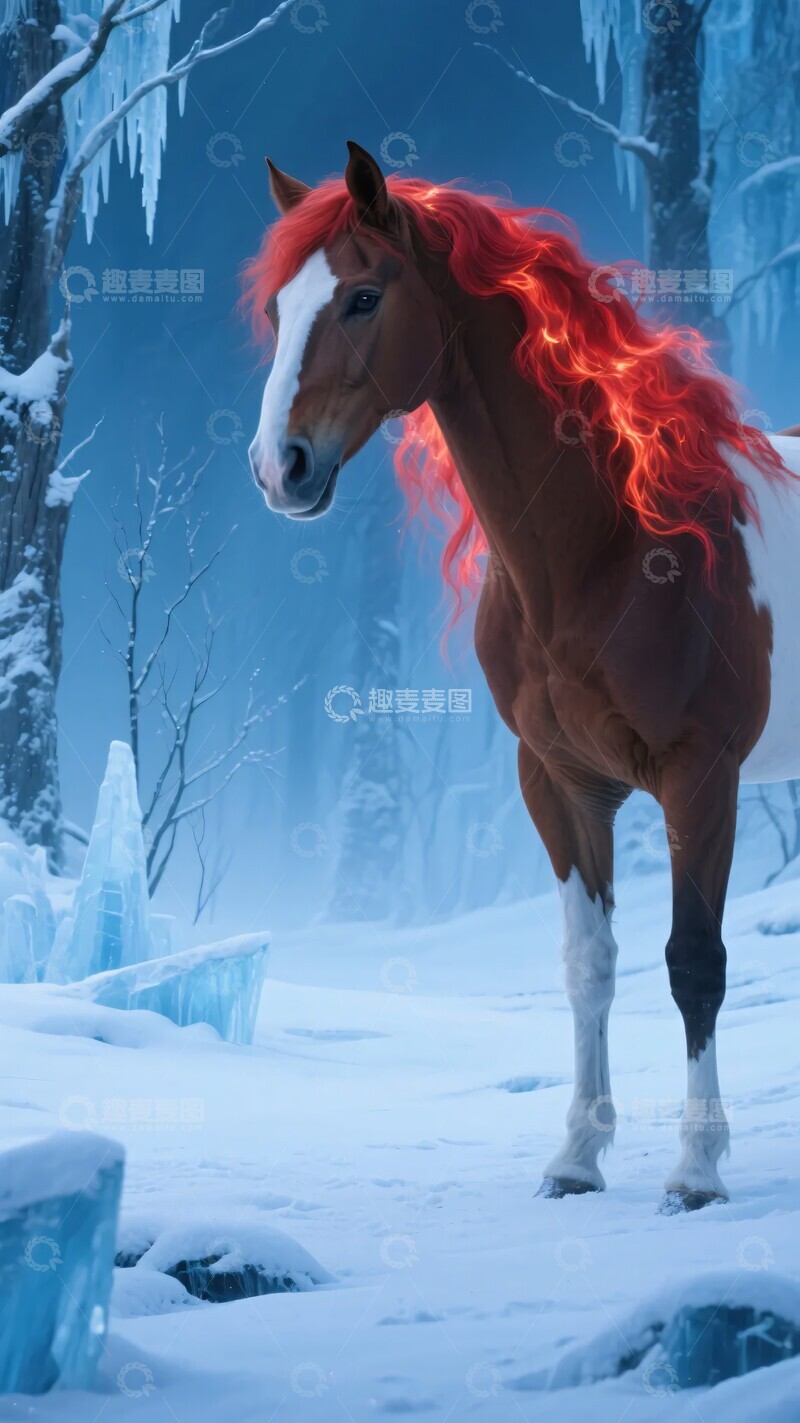 高清大图下载【趣麦麦图】-雪地中红鬃烈马的奇幻景象316