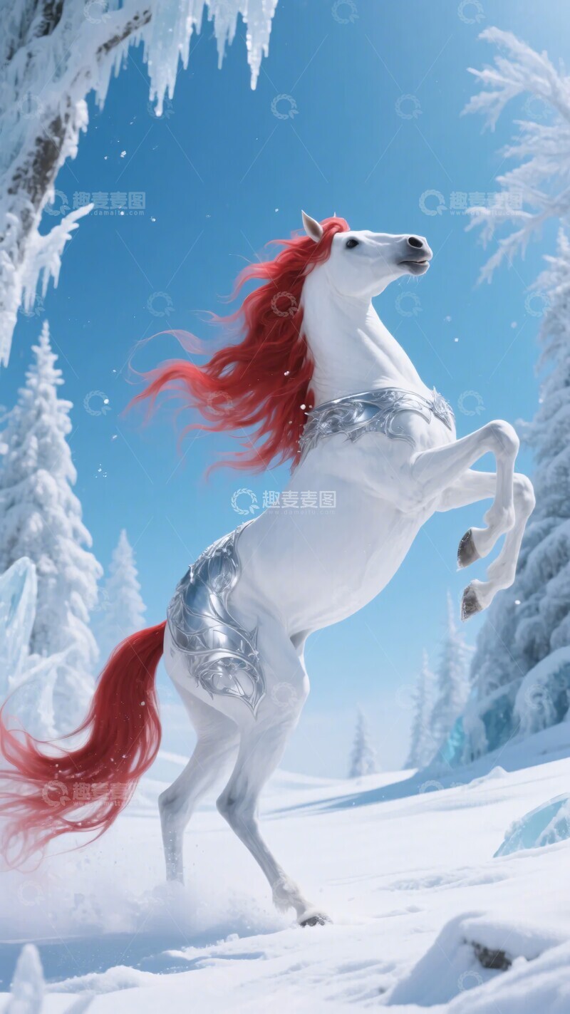 高清大图下载【趣麦麦图】-雪地中红鬃白马昂首腾跃996