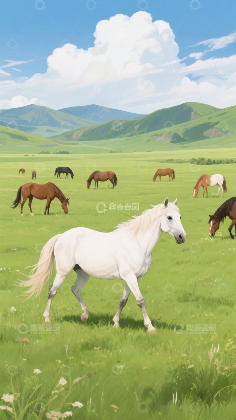 高清大图下载【趣麦麦图】草原上漫步的白马与群马087