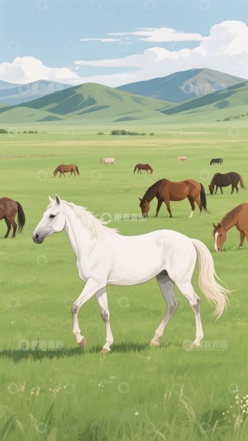 高清大图下载【趣麦麦图】-草原上的白马与群马漫步906