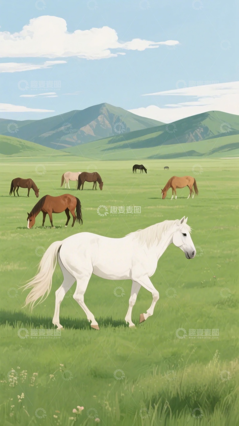 高清大图下载【趣麦麦图】-草原上漫步的白马与群马546