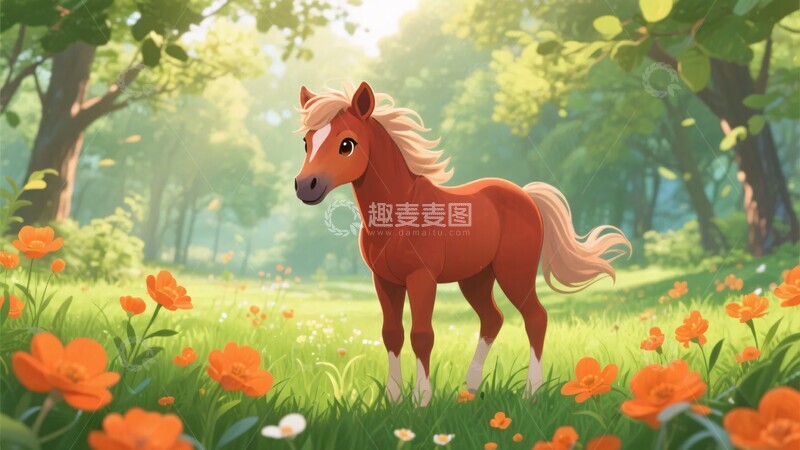 高清大图下载【趣麦麦图】-森林中可爱的小马插画235