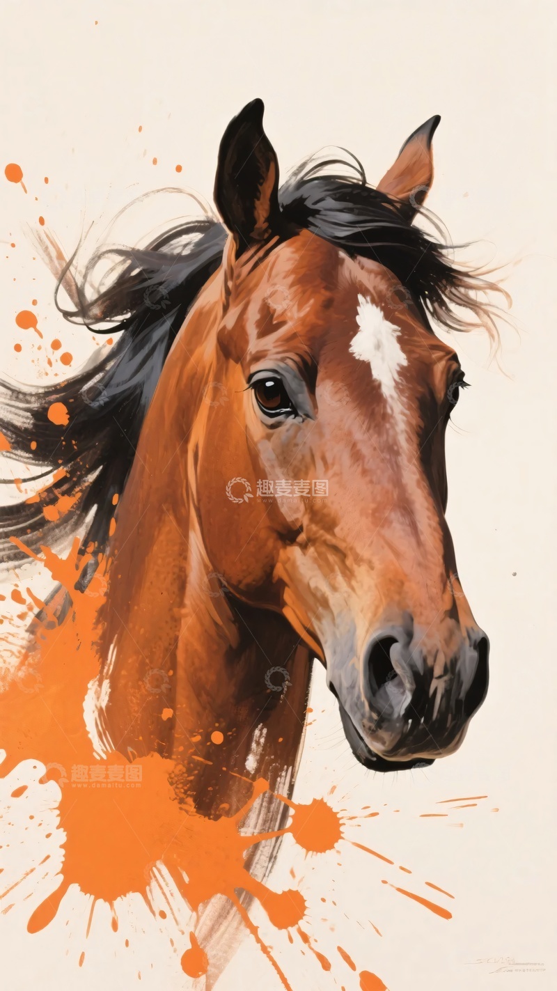 高清大图下载【趣麦麦图】-骏马插画橙色泼墨效果429