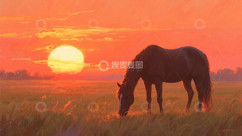 高清大图下载【趣麦麦图】-夕阳下吃草的骏马590