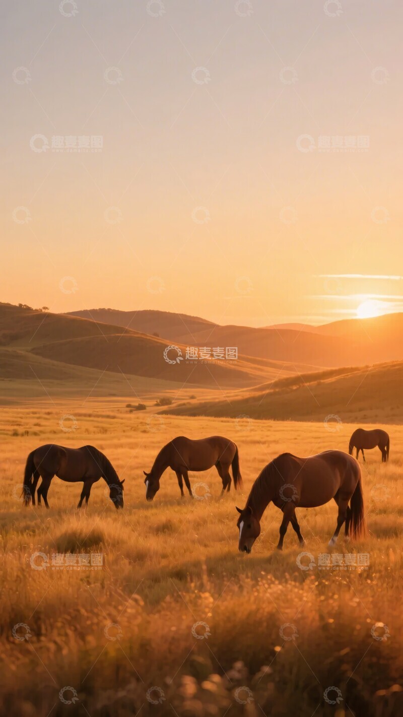 高清大图下载【趣麦麦图】-夕阳下草原上的马群173