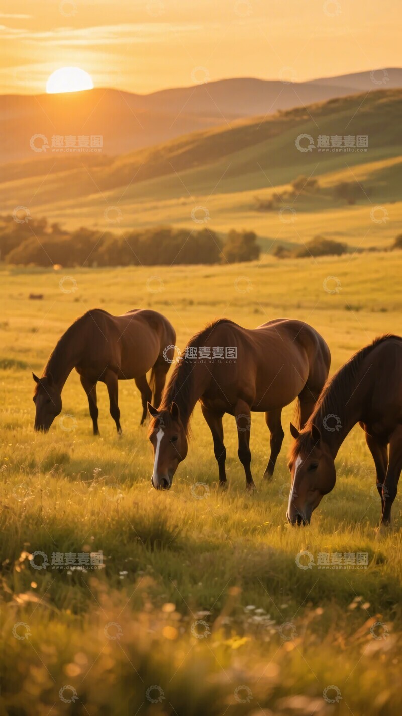 高清大图下载【趣麦麦图】夕阳下草原上吃草的马匹764