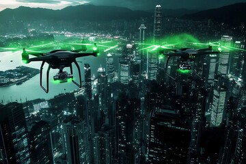 城市上空飞行的无人机画面211