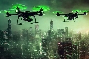 城市上空飞行的两架无人机989