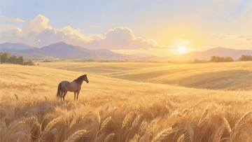 麦田中夕阳下的孤马466