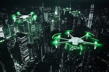城市上空飞行的发光无人机652