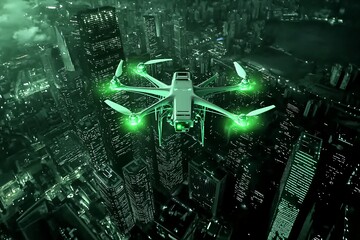 城市上空飞行的发光无人机958
