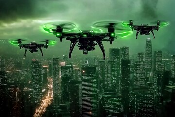 城市上空飞行的多架无人机314