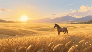 麦田中夕阳下的孤马523