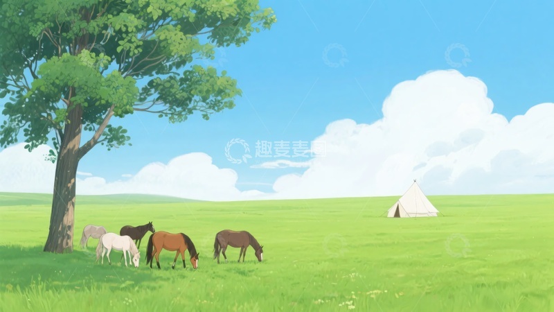 高清大图下载【趣麦麦图】草原上的马匹与大树风景554
