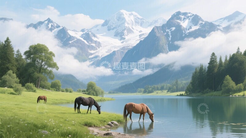 高清大图下载【趣麦麦图】湖边草原上饮水休憩的马匹168