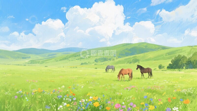 高清大图下载【趣麦麦图】草原上的马匹与美丽花海447