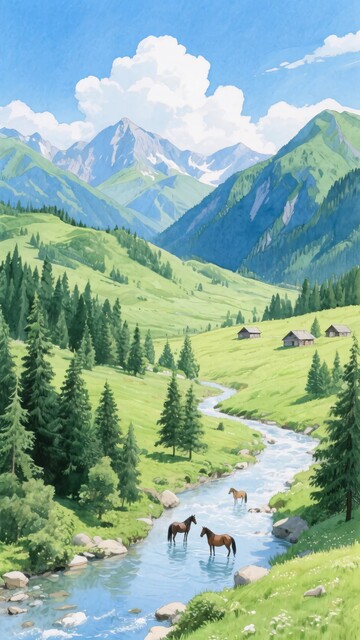 山间溪流旁的骏马风景图887