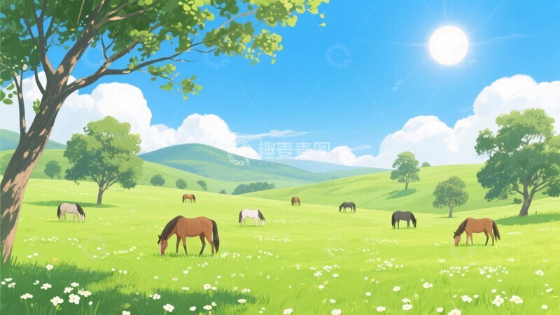 高清大图下载【趣麦麦图】草原上马匹悠然吃草景象621