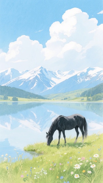 草原湖畔黑马悠然吃草景象572