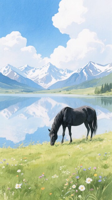草原上的黑马与山水美景662