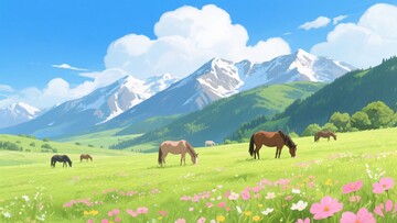 草原上骏马与花海雪山美景631