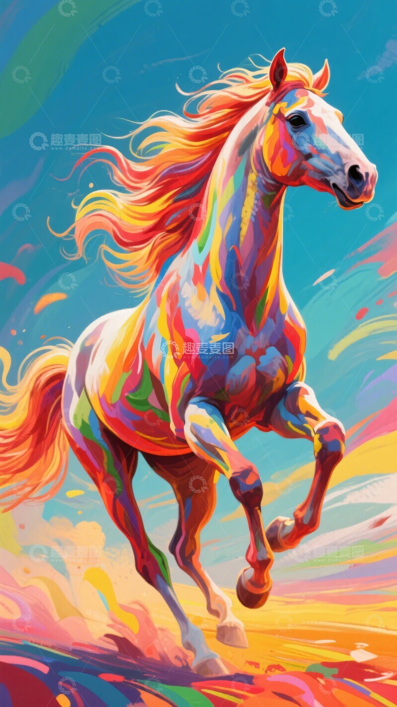 高清大图下载【趣麦麦图】-奔跑的多彩骏马插画521