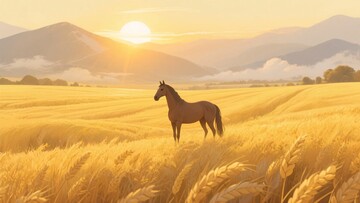 麦田中伫立的骏马与夕阳301