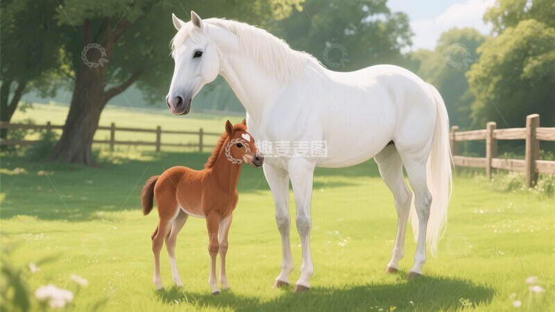 高清大图下载【趣麦麦图】-白马与棕马驹立于绿草地528