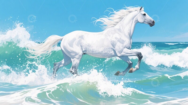 高清大图下载【趣麦麦图】海浪中奔腾的白色骏马521