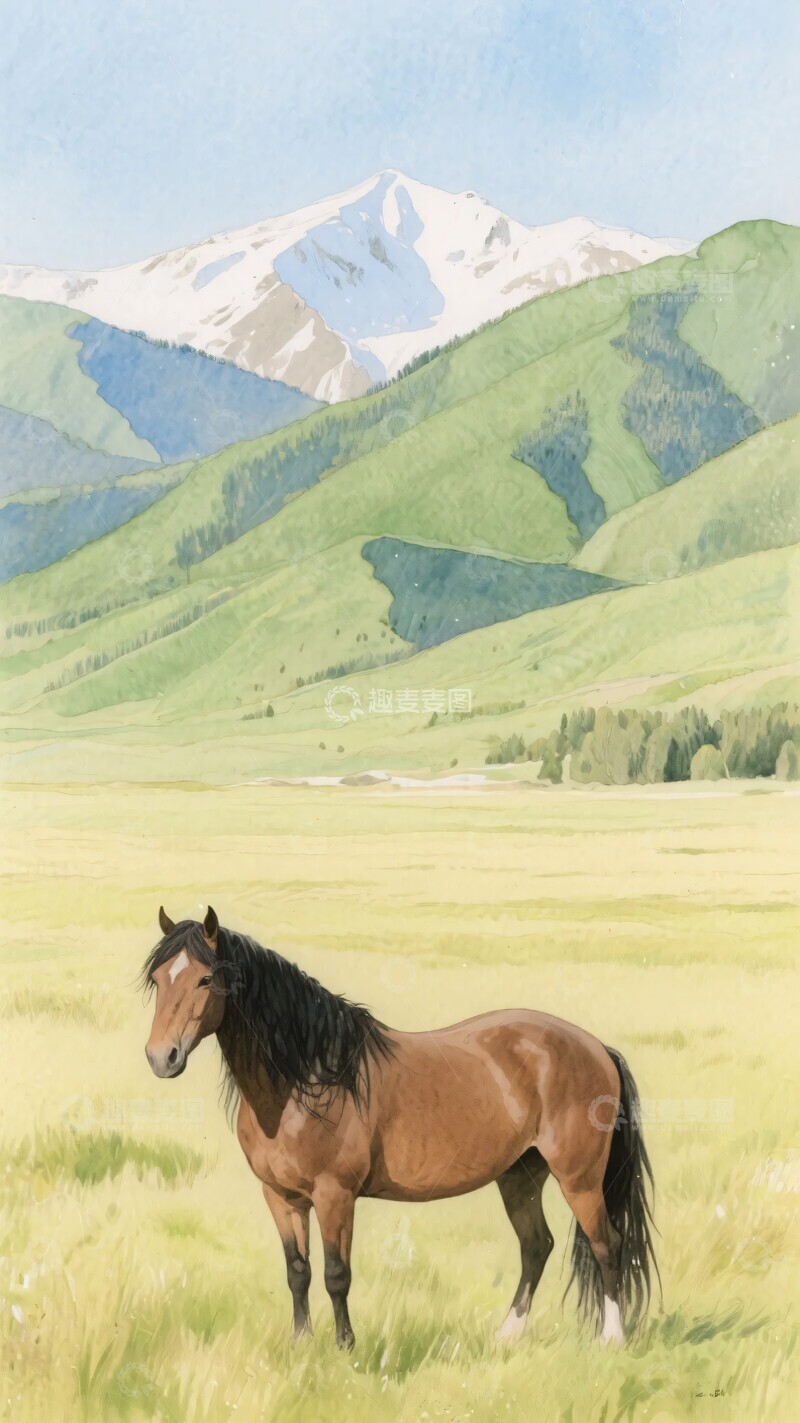 高清大图下载【趣麦麦图】-草原上的骏马与远山风景787