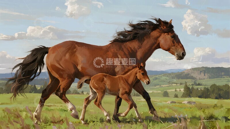高清大图下载【趣麦麦图】-草原上奔跑的母马与小马驹667