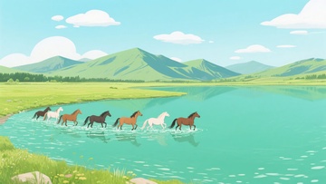 群马在湖边踏水的美丽景象094