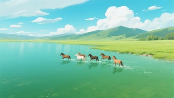 草原湖畔群马踏水景象636
